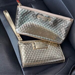 Kate Spade Gold Wristlet Set, bundle, wallet and makeup pouch, good condition